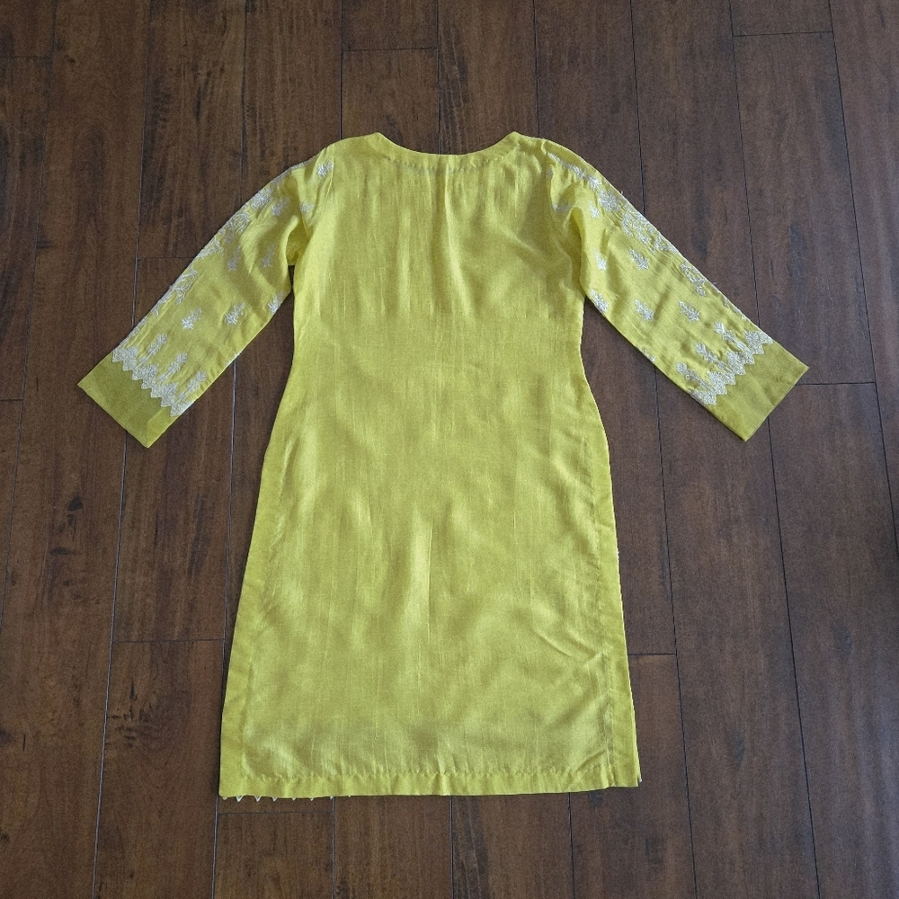 Embroidered Lime Yellow Top Shirt Long Kurti Cotton Silk Organza Size S/M - Picture 9 of 11